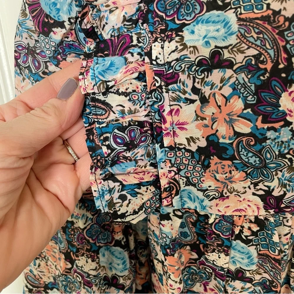 J. Crew Esperanza‎ Blue Peach Floral Paisley Ruffle Trim Top in Size Extra Small